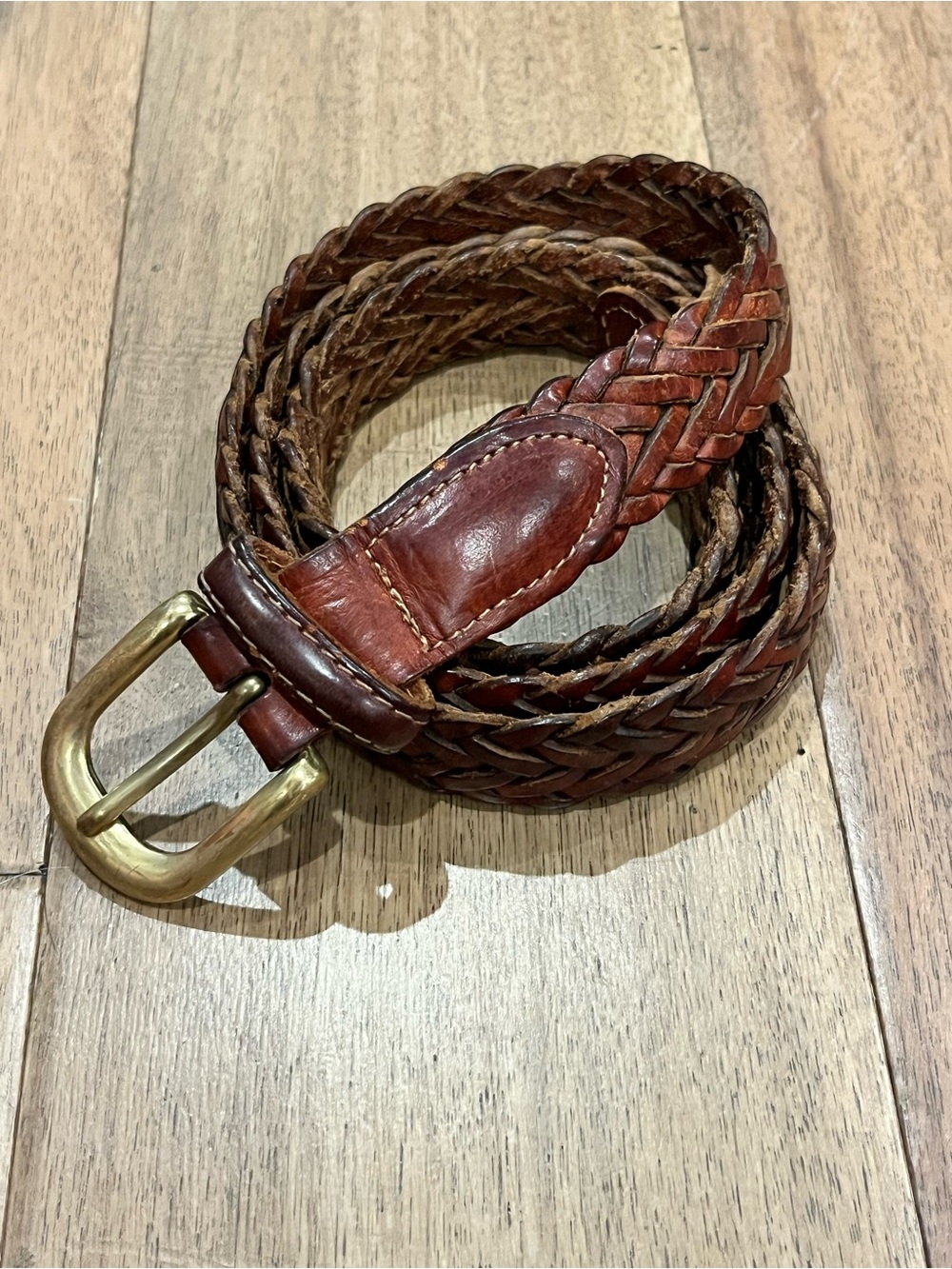 Saks Fifth Avenue Braided Leather Belt - Dark Brown with Brass Buckle
